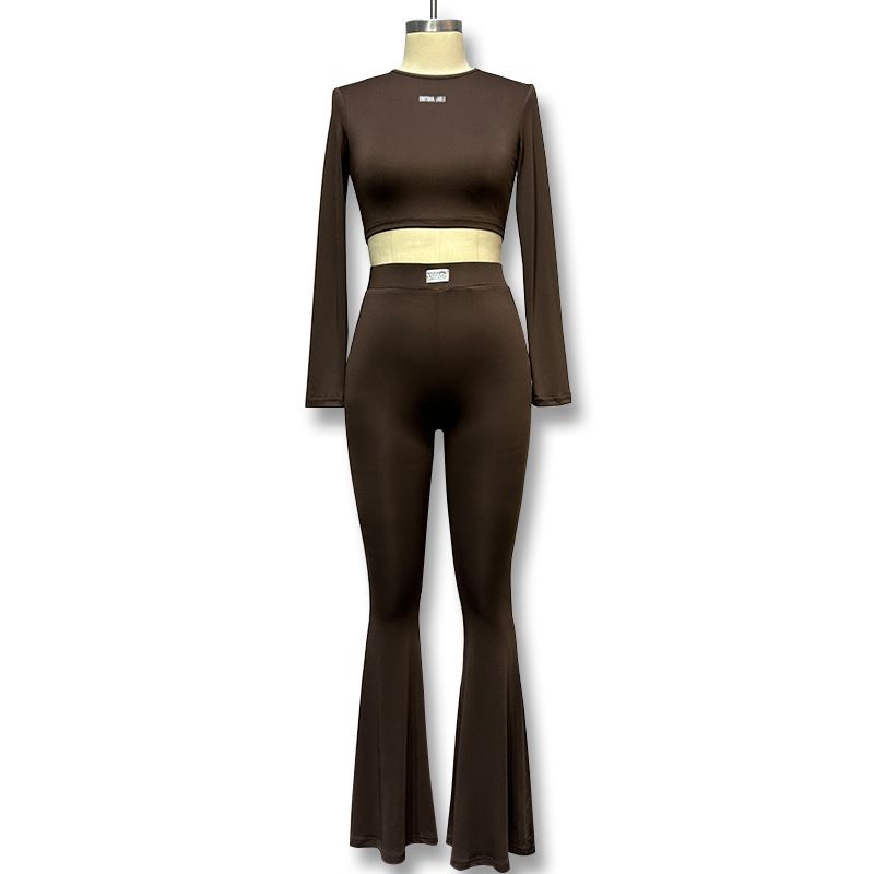 Fall Fashion New Arrival Pure Color Minimalist Round Neck Midriff-Baring Long Sleeves Tops High Waist Straight-leg Bootcut Trousers Casual Suit