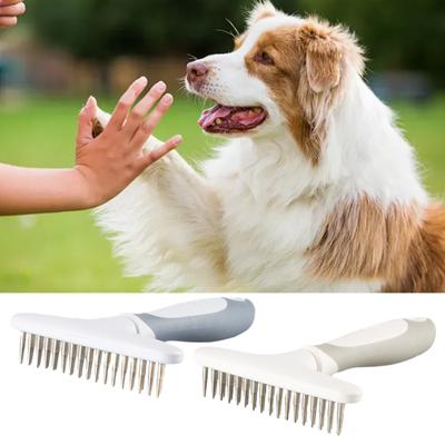 Pet Comb Anti-Slip Handle Ergonomic Curved Design Rounded Needle Tips Double-Row Stainless Steel Teeth Pet Brush Grooming Tool