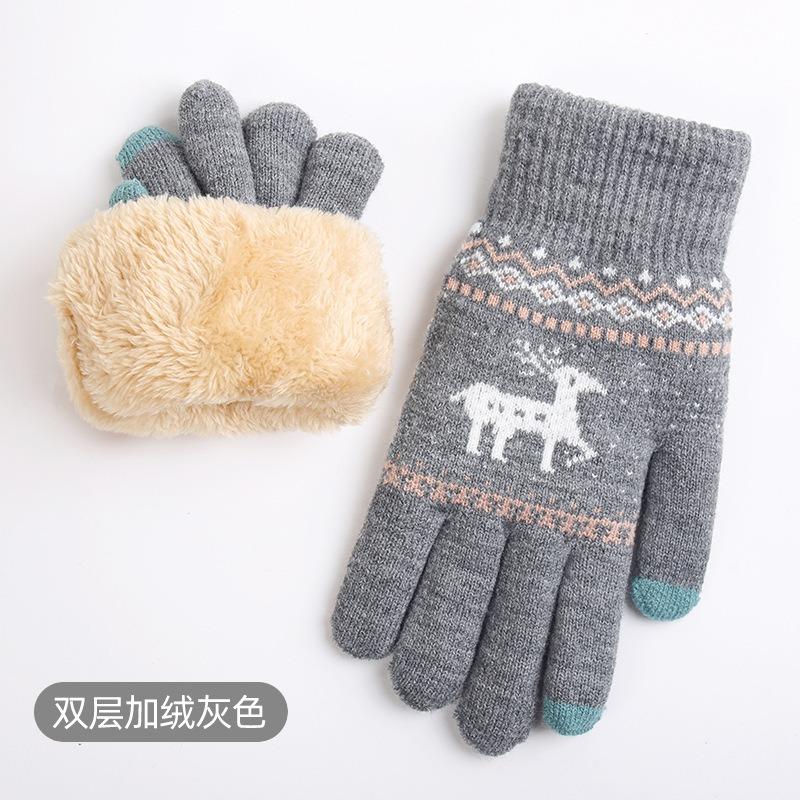 Knitted gloves, women's autumn and winter warm outdoor cycling cold-proof double-layer velvet thickened, touch screen gloves