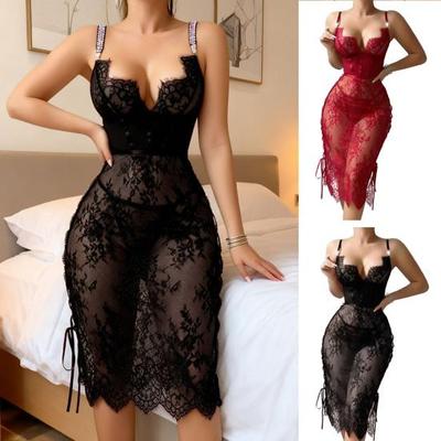 Sexy Lace Babydoll Dress for Women Sheer Mesh Chemise Sleepwear Side Split V Neck Nightgown for Honeymoon Anniversaries