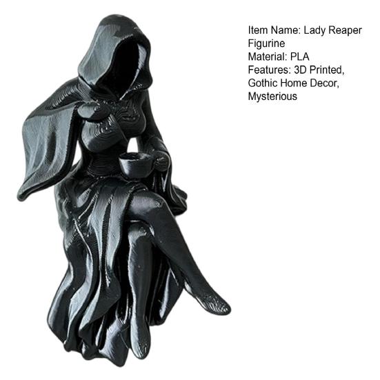 Gothic Hooded Reaper Lady Figurine 3D Printed Dark Fantasy Shelf Sitter 1 Pc