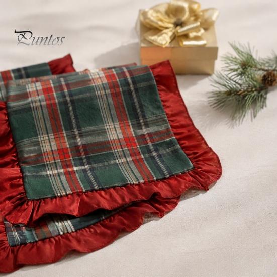 Elegant Ruffled Table Decor Retro Plaid Christmas Runner, Red Trim Decorative Mat, Classic Party Decoration & Green Holiday Mat for Dining,