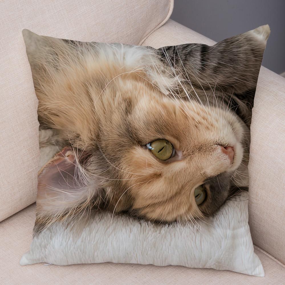 Long Haired Cat Face Cushion Cover Detailed Feline Art Double Sided Living Room Bedroom Decor Pillow Case