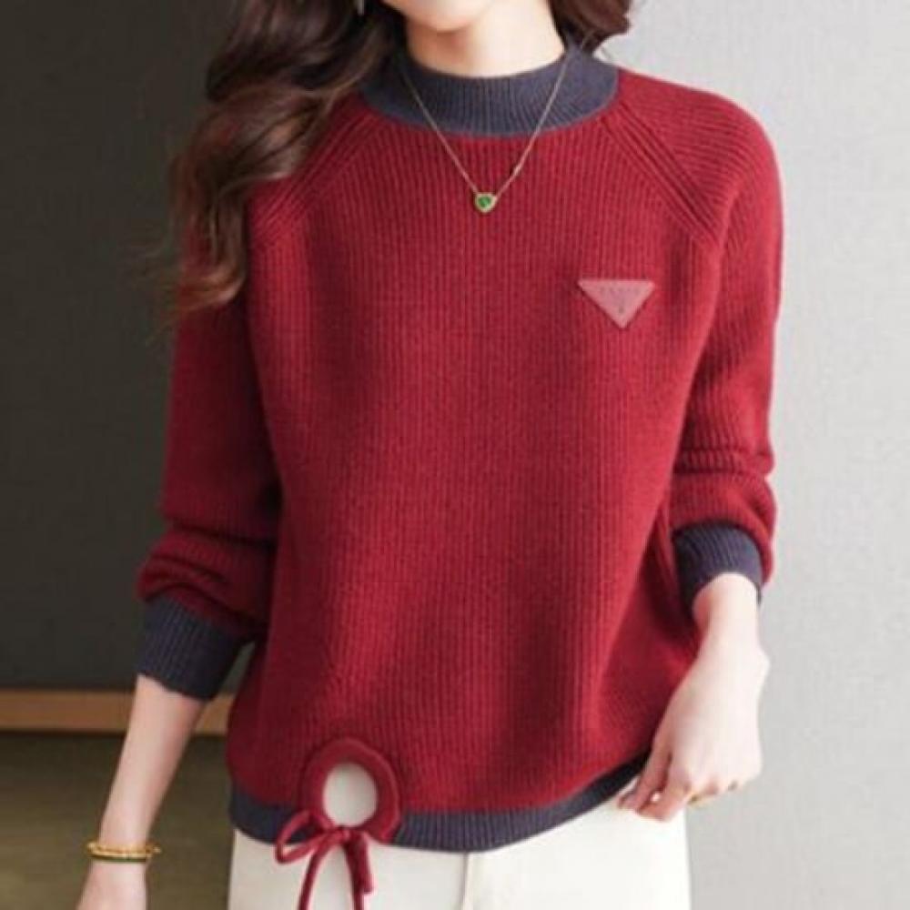 Navava Women Label Ribbed Hem Point Color Long Sleeve Knit Nk3391