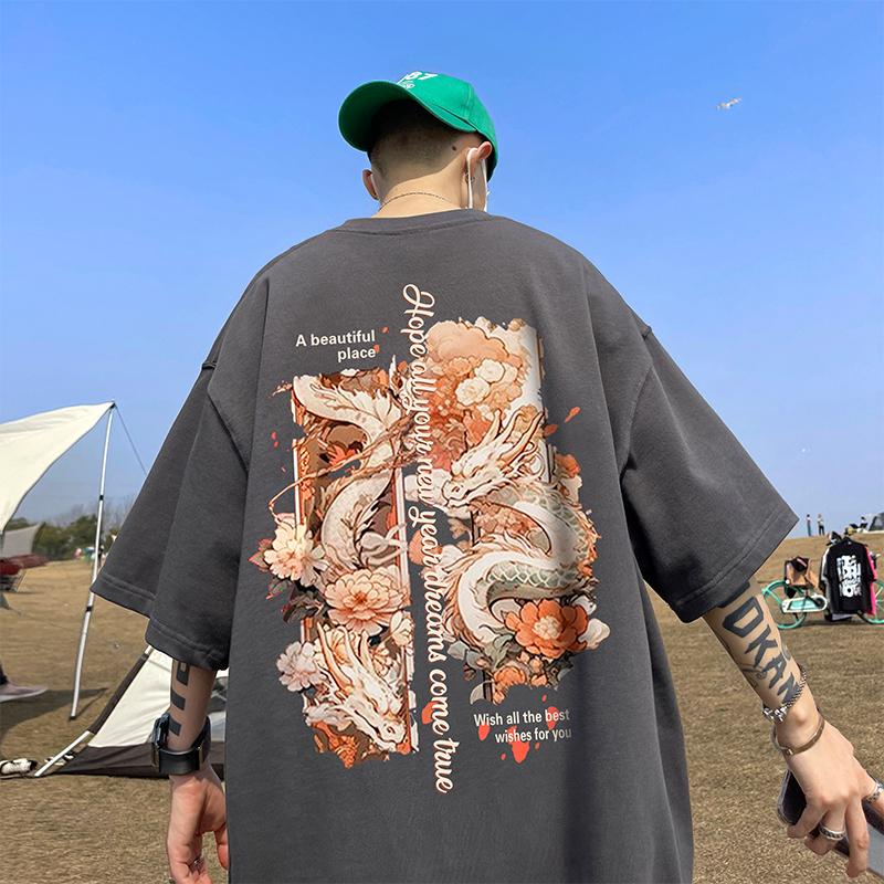 Футболка с коротким рукавом с принтом «Год Дракона, год Хонмэй», мужская летняя, с принтом «Национальный прилив», свободная модель 4XL