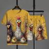 Lustiges Herren-T-Shirt-Hosen-Set Cartoon-Hühnerdruck Sommerlich Lässig Kurzarm-Pullover-T-Shirts Outdoor Herren Übergroße Kleidung