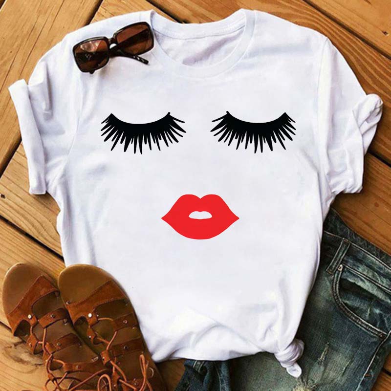 Maycaur Fashion Graphic Women Tops Eyelashes Print Kawaii Lashes Women T Shirt Tee Funny Makeup Aesthetic Shirt Camisas Mujer
