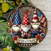 2D Flat 1pc Patriotic Gnome Welcome Wooden Hanging Sign - Red White & Blue USA Themed Rustic Round Door Plaque for Home, Porch - Ideal for 4th of