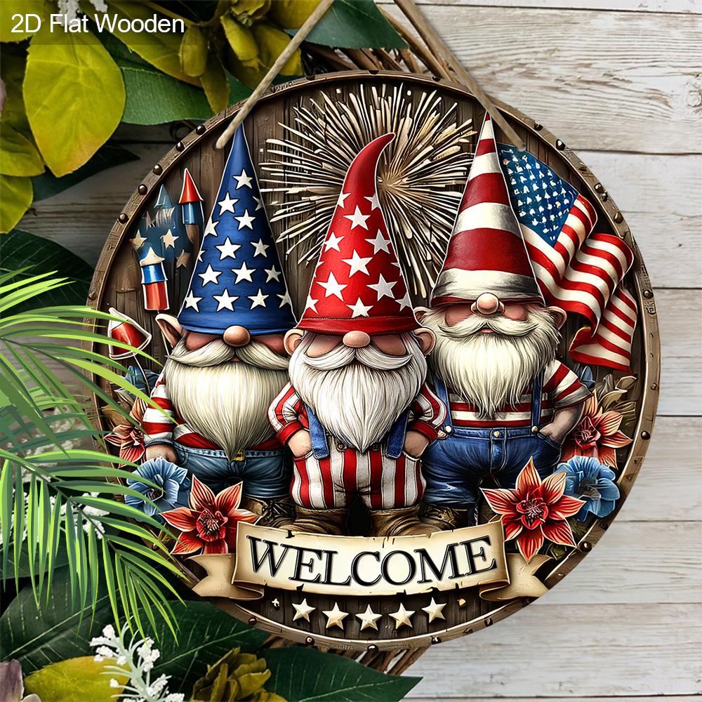 2D Flat 1pc Patriotic Gnome Welcome Wooden Hanging Sign - Red White & Blue USA Themed Rustic Round Door Plaque for Home, Porch - Ideal for 4th of