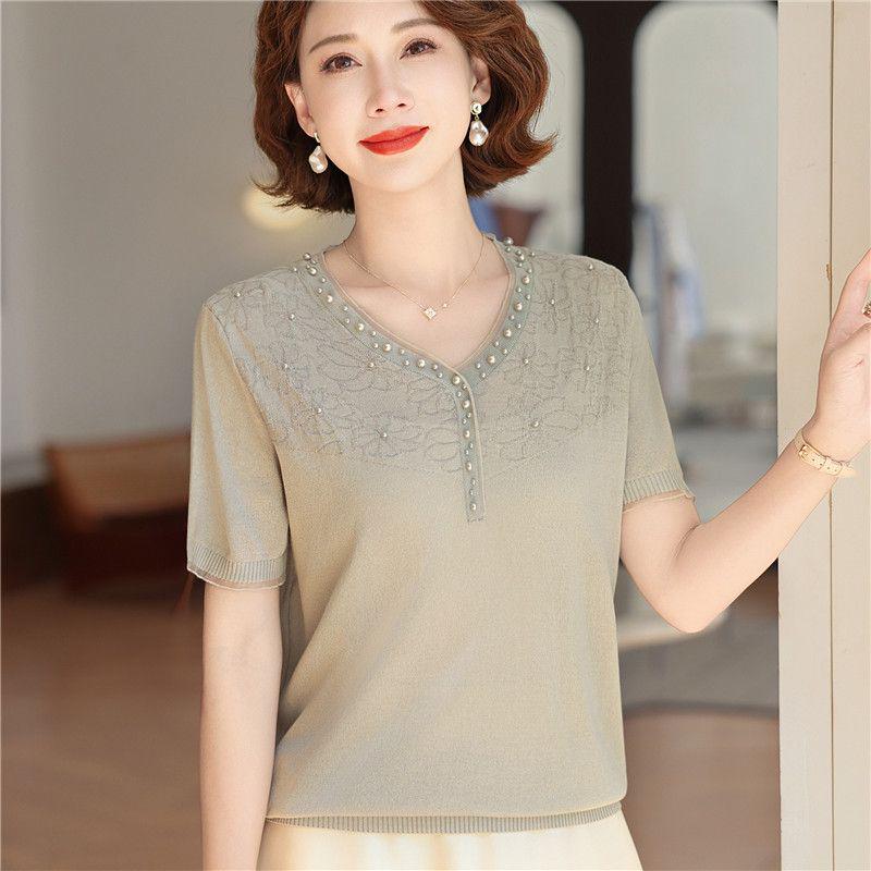 Mom's Summer Ice Silk V-Neck Short-Sleeve T-Shirt for Middle-Aged & Elderly Women - Loose Plus Size Top Set