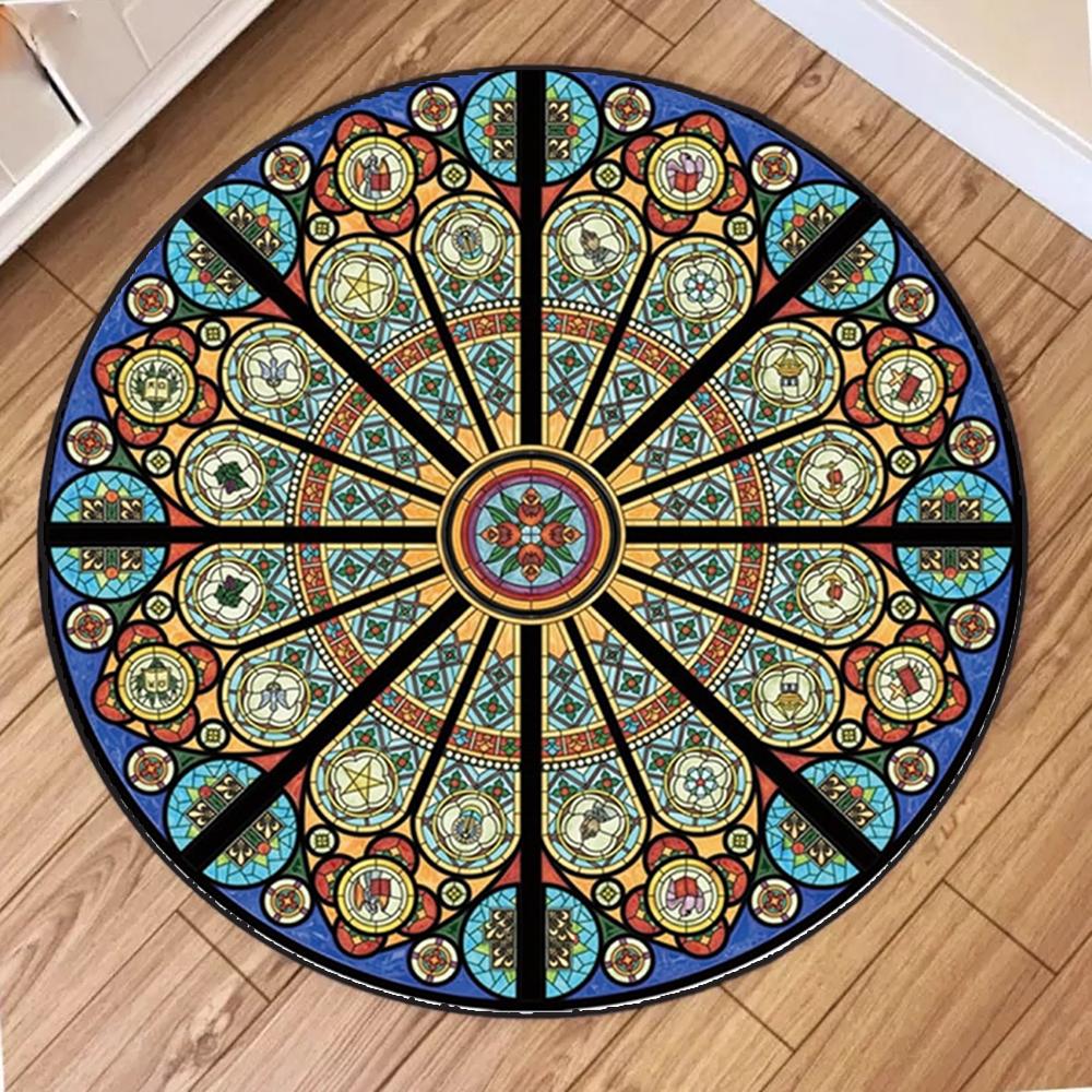 Round Mandala Pattern Area Rug Boho Art Style Mat Non Slip Stain Resistant Soft Comfortable for Living Room Bedroom Home Decor