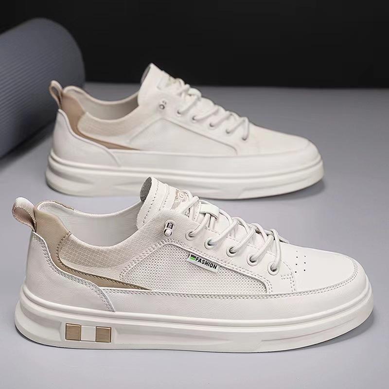 

2025 нове чоловіче взуття весна та літо шкіряна поверхня сітчасті дихаючі маленькі білі кросівки спортивні зручні низький верх плоска підошва 44