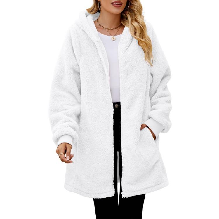 Fashionable Plush Jacket for Women Loose Hooded Zipper Coat Solid Color Long Sleeved Pocket