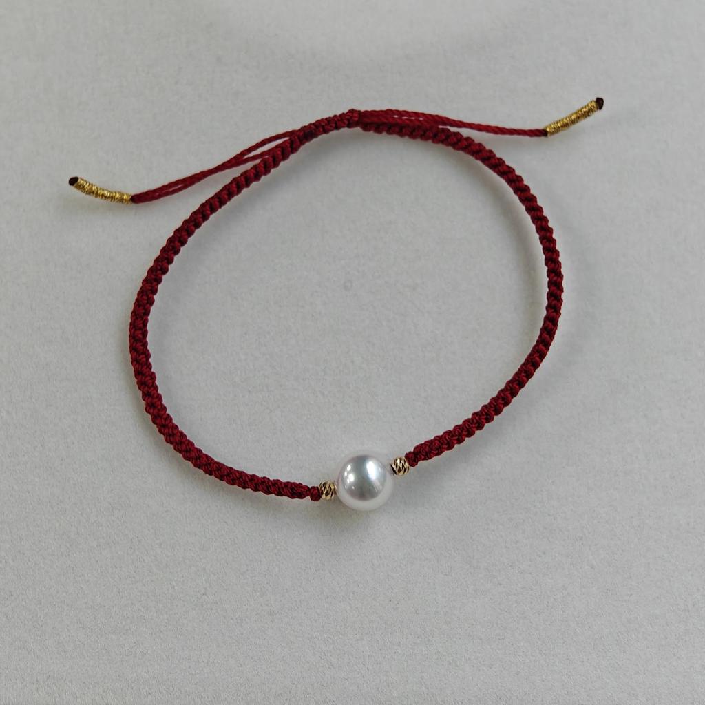 18K Gold Akoya Pearl Adjustable Red String Bracelet - Handmade Woven Style