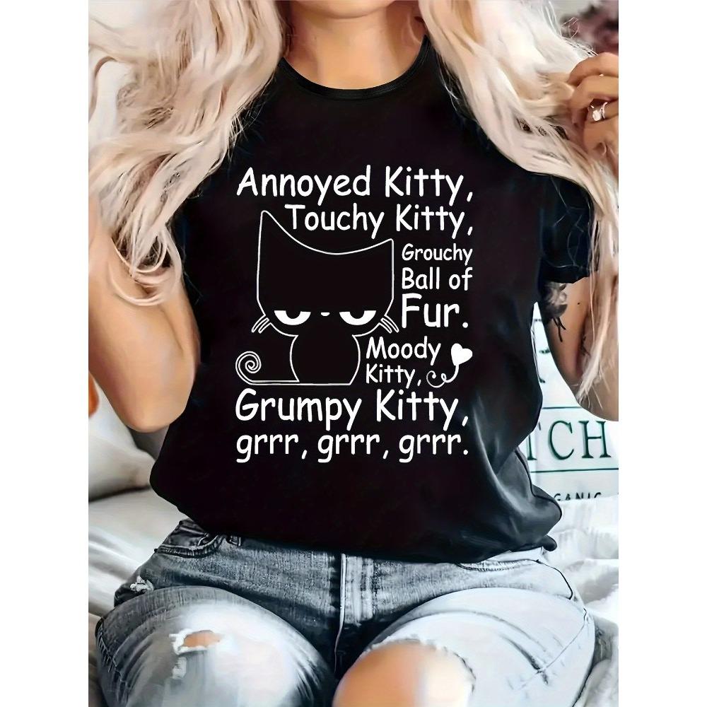 

Ladies Casual Tshirt with A Lively Cat Round Neck Short Sleeved Shirt A Comfortable Top Suitable for All Seasons Playful Design S