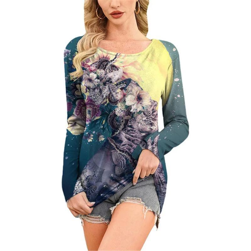 European and American Fashion Oil Painting Style Printed Casual Long Sleeved T-shirt O Neck Oversized Tees Tops Women's Clothing