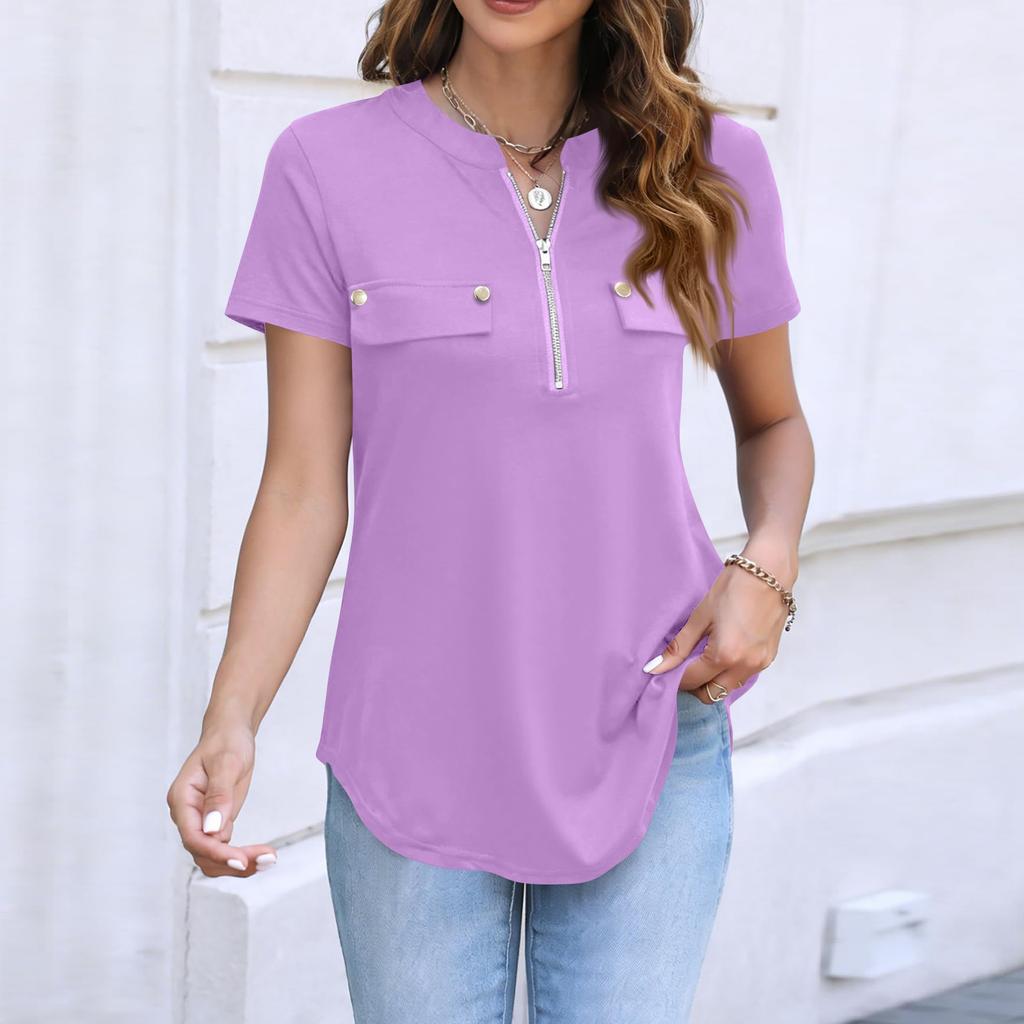 Damen Casual Top mit kurzen Ärmeln, Reißverschluss vorne, Umlegekragen und dekorativen Pattentaschen für den Alltag