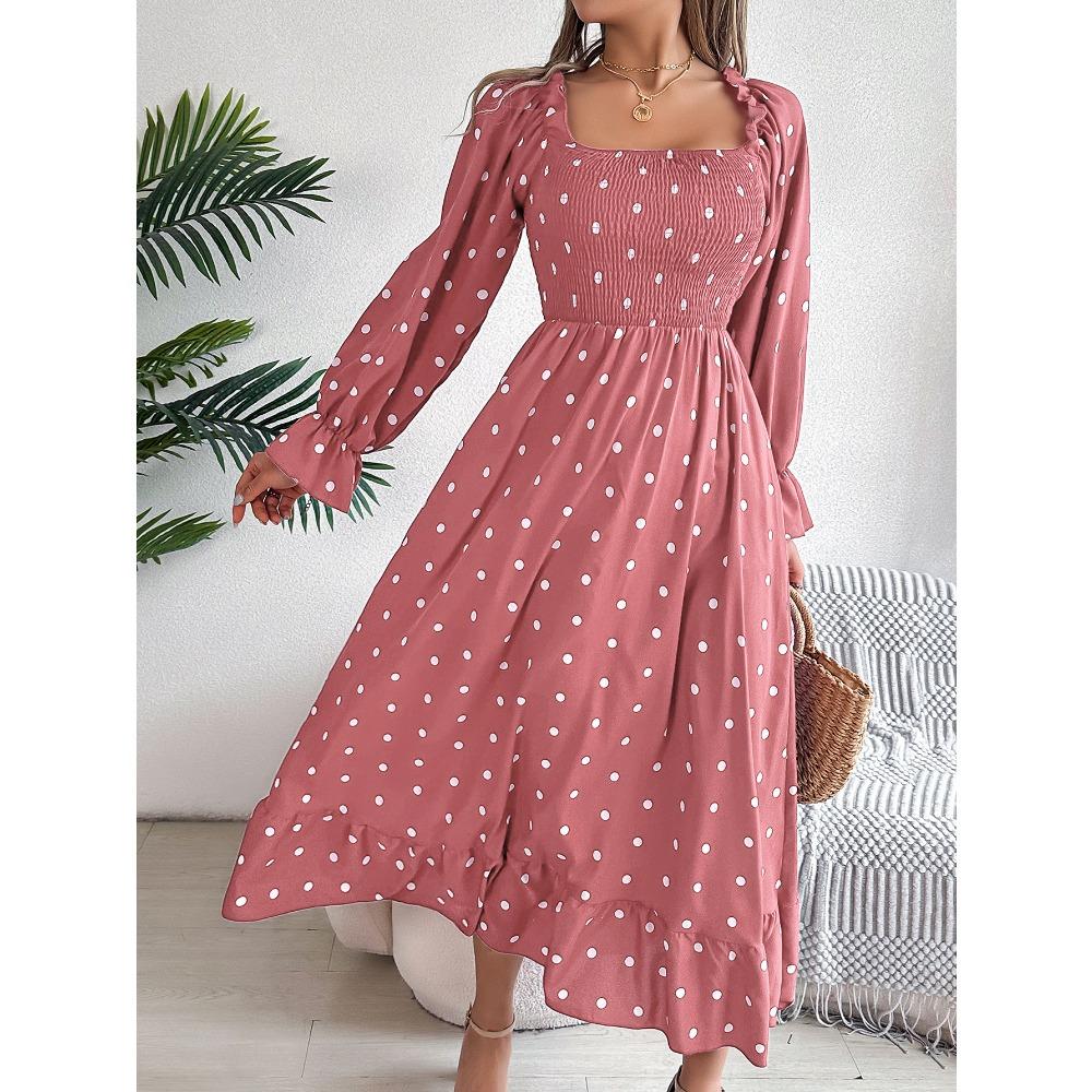 Rochie de damă cu mânecă lungă, casual, cu cercei din lemn, cu gât pătrat, cu buline, cloș, rochie lungă