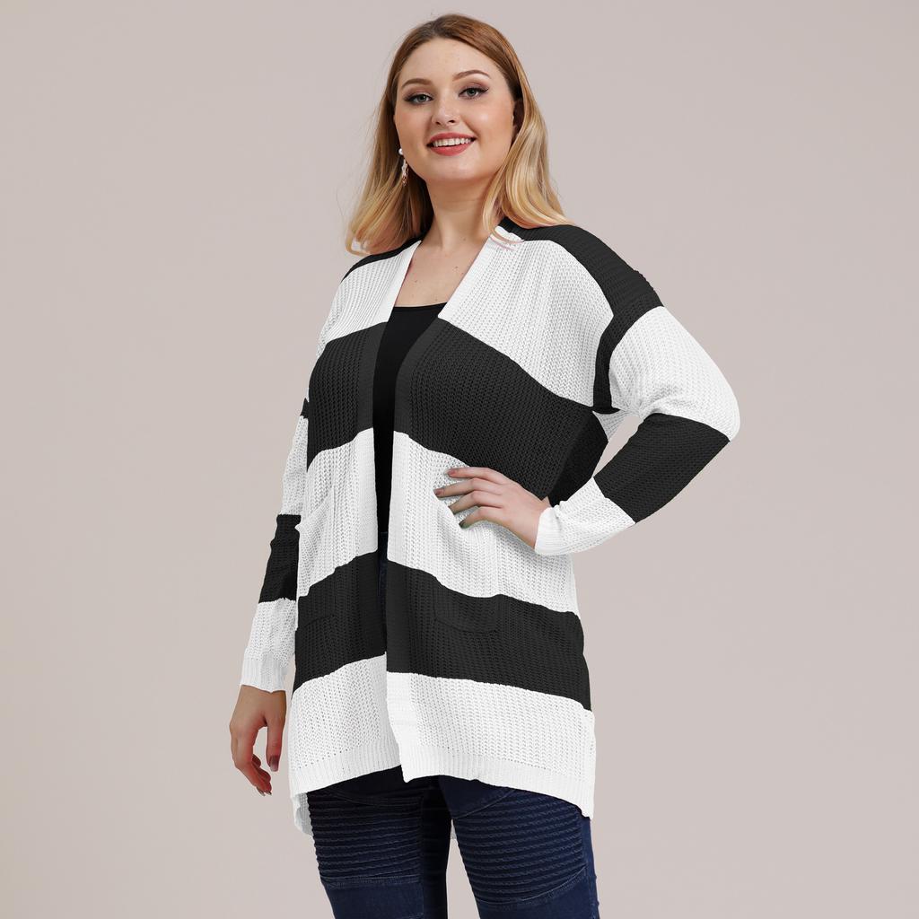 Women's Autumn and Winter Large Size Striped Patchwork Woven Jacket Sweater