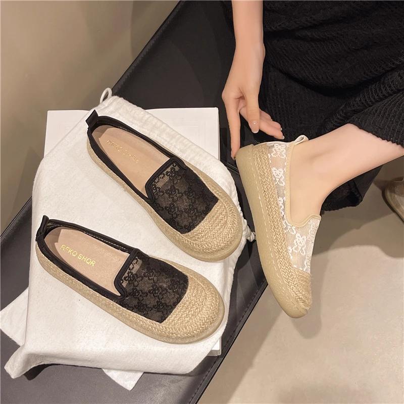 Women's Straw Woven Shoes Flat Sole Mesh Upper Weave One Kick Shoes Women Leisure Dress Breathable Fashion Zapatillas De Mujer