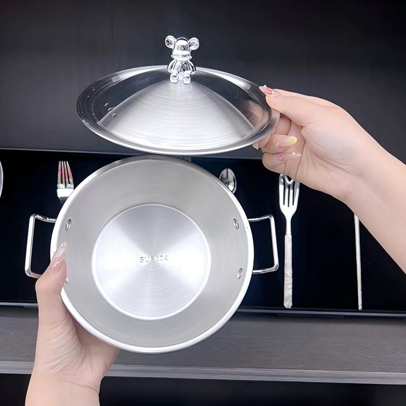 Bol à Salade en Acier Inoxydable 201 Pot à Faire Fondre et Bouillir Bol à Nouilles Instantanées Bol à Vin de Riz Coréen avec Poignée à Double Oreille Panier à Snacks