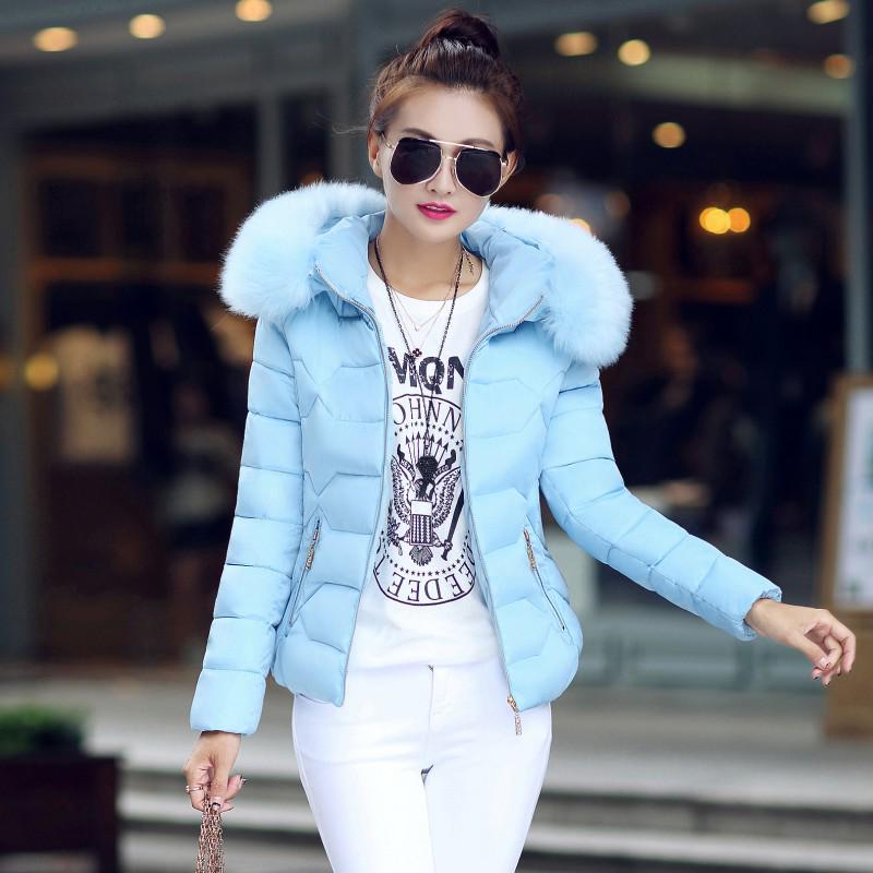 Women's Winter Hooded Short Cotton Jacket with Fur Collar - Slimming and Warm