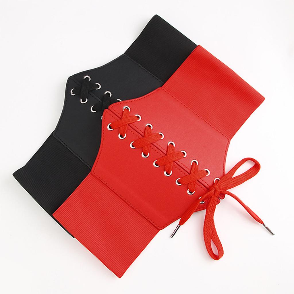 Elastic Waist Belt Stretch Lace Up Fashionable Elegant PU Wide Corset Belt for Women Black Free Size