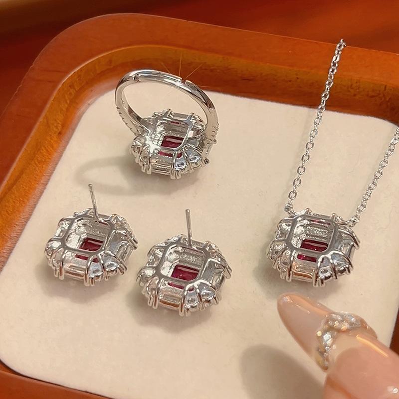 Jewelry Set Earrings Necklace Ring Colorful Ruby High-end Feeling Light Luxury Fashionable Women's