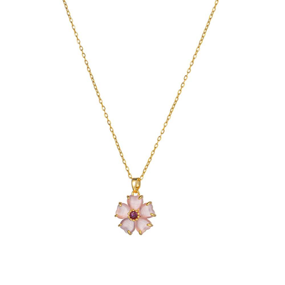 

2026 Sweet Pink Cherry Blossom Pendant Necklace - Gold Plated Titanium Steel Floral Collarbone Chain for Women Delicate Jewelry