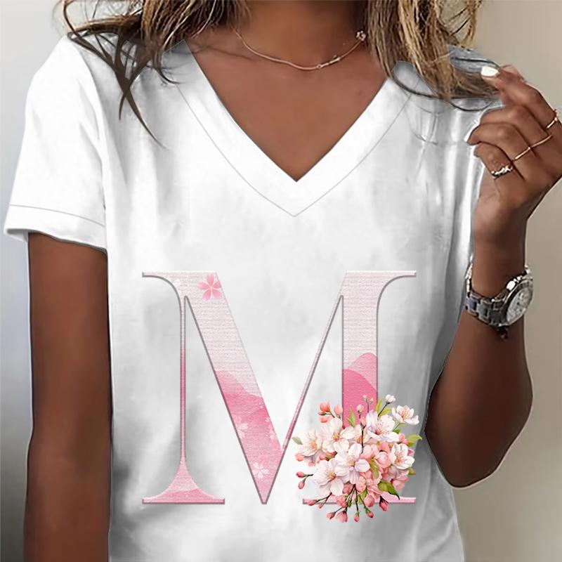 Pink Sakura 26 Alphabet Fashion Casual Tops Unisex Cherry Blossom Lover Vneck Short Sleeve Tshirt Letter R Floral Gift Clothing