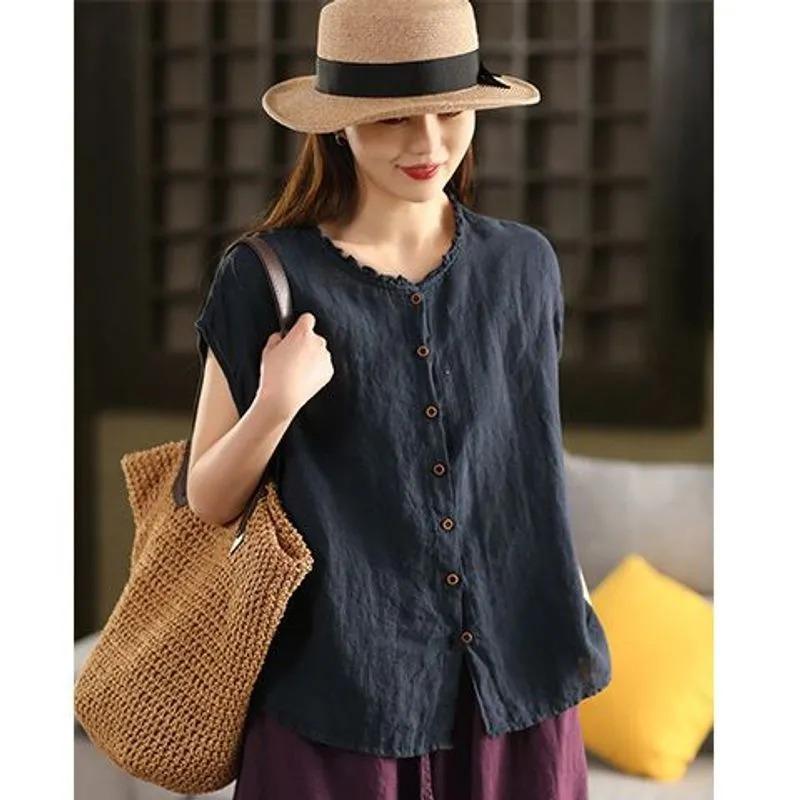 Womens Purple Linen Blouse Casual Ruffle Trim Round Neck Sleeveless Button Up Top M