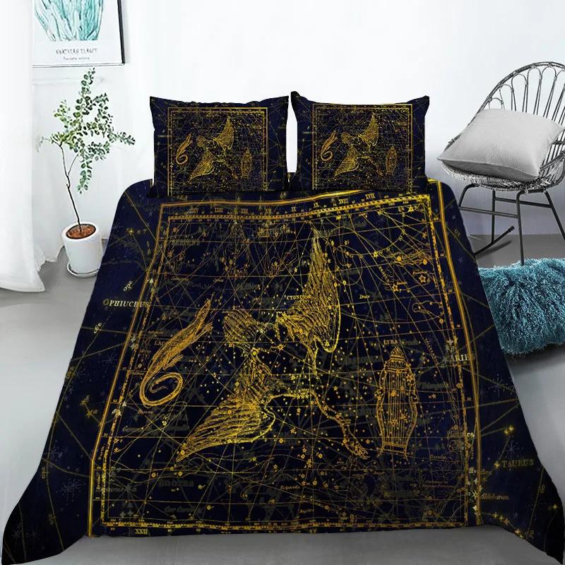 Sternbild Bettbezug Gelbes Sternbild King-Size-Bettwäscheset für Astronomie-Enthusiasten Weicher Einzel-Polyester-Bettdeckenbezug