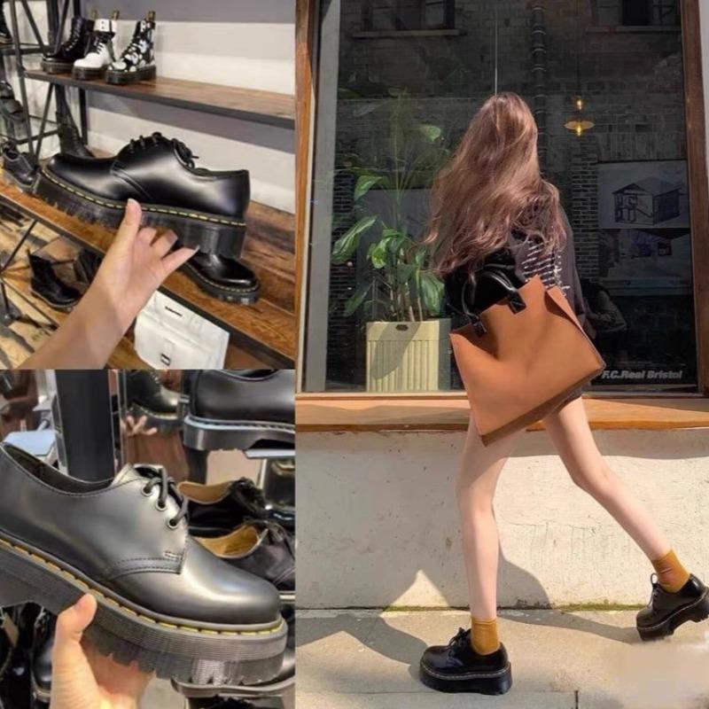 Fashion Autumn New Fashion Black Round Head Lace-up Solid Color Womens Loafers Casual Thick Soled Leather Women's Thick Soled Shoes