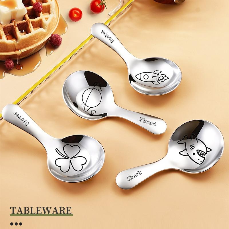 4Pcs/set Stainless Steel Short Handle Round Spoon Children's Spoon Soup Spoon Tea Spoon Milk Powder Spoon Dessert Spoon Feeding Spoon