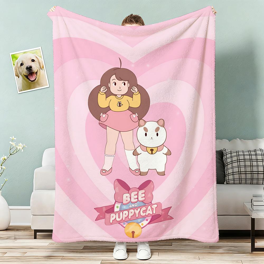 Cartoon Bee And Puppycat Throw Lightweight 240g Flannel Blanket Soft Skin-friendly for Summer Cooling 75x90cm