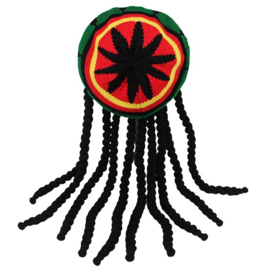 Унисекс Новинка Вязаная Шапка Контрастная Цветная Печать Гипоаллергенная Вязаный Берет с Длинными Искусственными Косами для Хэллоуина чёрный