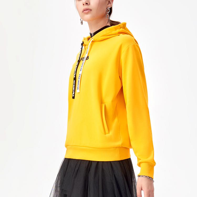 Fila Fusion Letter Print Loose Sports Color Block Drawstring Hooded Pullover Vintage American Sweatshirt Women Sweatshirt Gold Orange T11W141204F-YE