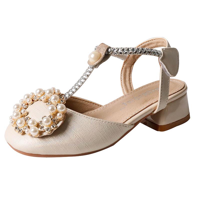 Newest Summer Girls Sandals Fashion Soft Bottom Pearl Princess Performance Baby Kids Dance Shoes Student Pu Leather High Heels A