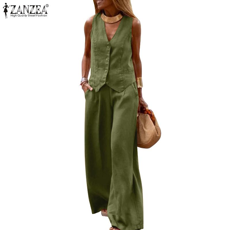 ZANZEA Daily Casual Outfits Womens Sleeveless Waistcoat and Pants Two Piece Suit Set