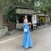 Early summer temperament vacation style French design sense tie-dye blue suspender dress women's 2026 summer new long dress