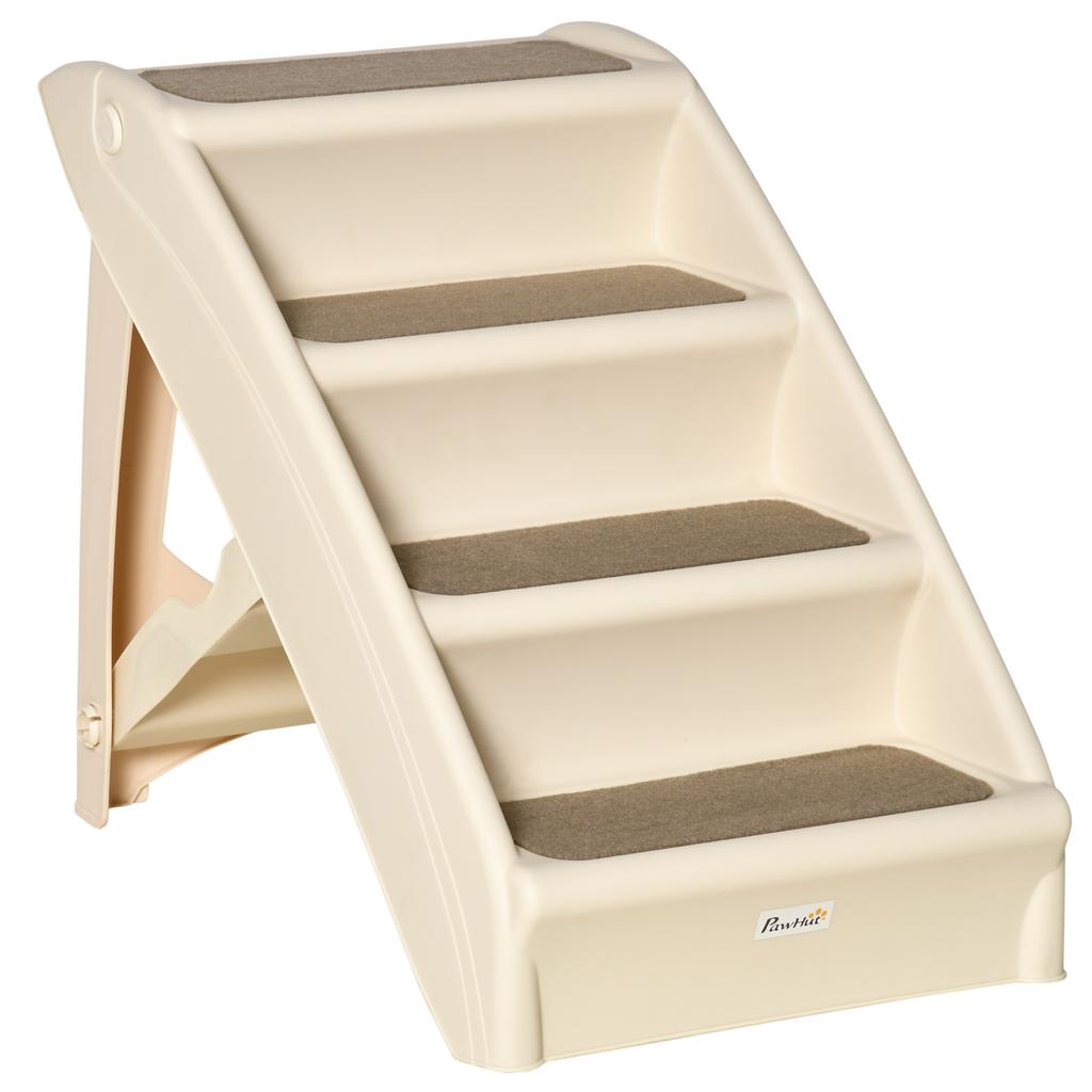 Dog Stairs, Folding, 4 Non-Slip Steps, Plastic Pet Stairs, 62 x 38 x 49.5 cm, Beige