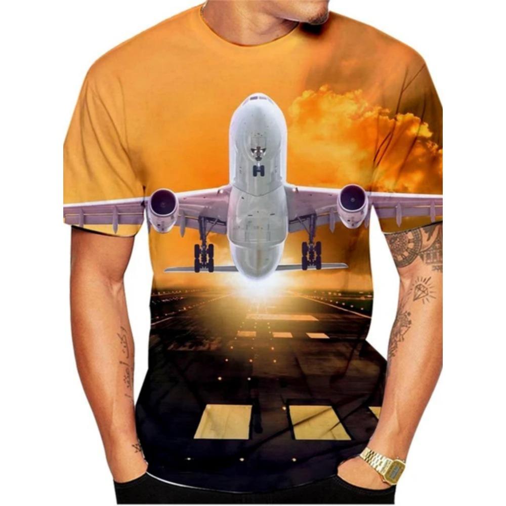 Simple Fashionable Airplane Graphic 3d Printed T-shirts Men Summer Loose Comfortable Plus Size Short Sleeved T-shirts