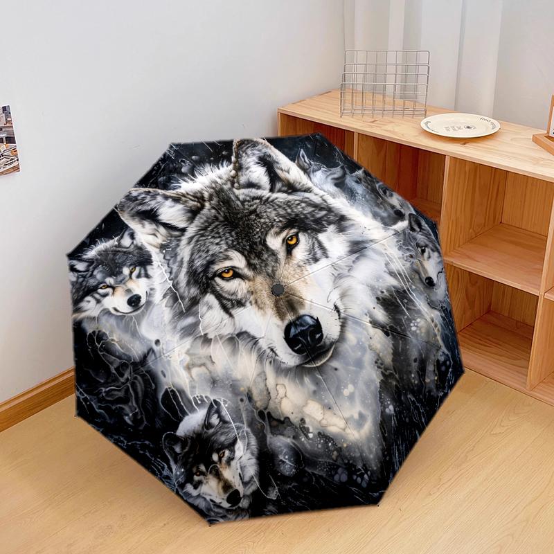 1 ks automatický skládací deštník - Krásný vzor vlka, Přenosný a skládací design s 8 žebry, Vánoční narozeninové dárky