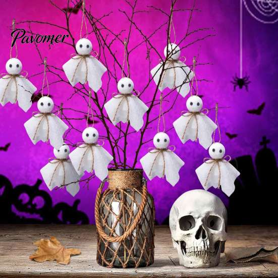 Retro Holiday Window Displays Halloween Ghost Ornament, 4 Inch Small Doll Hanging Decoration with Jute Rope, Autumn Garden Party Decorations Farmhouse