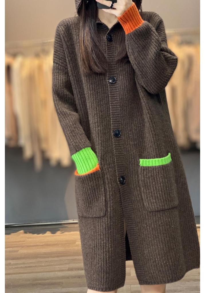 Cardigan di lana con cappuccio: Vestibilità Ampia, Lunghezza Medio-Lunga, Lavorazione Spessa per Autunno/Inverno, Maglione da Donna Stile Coreano