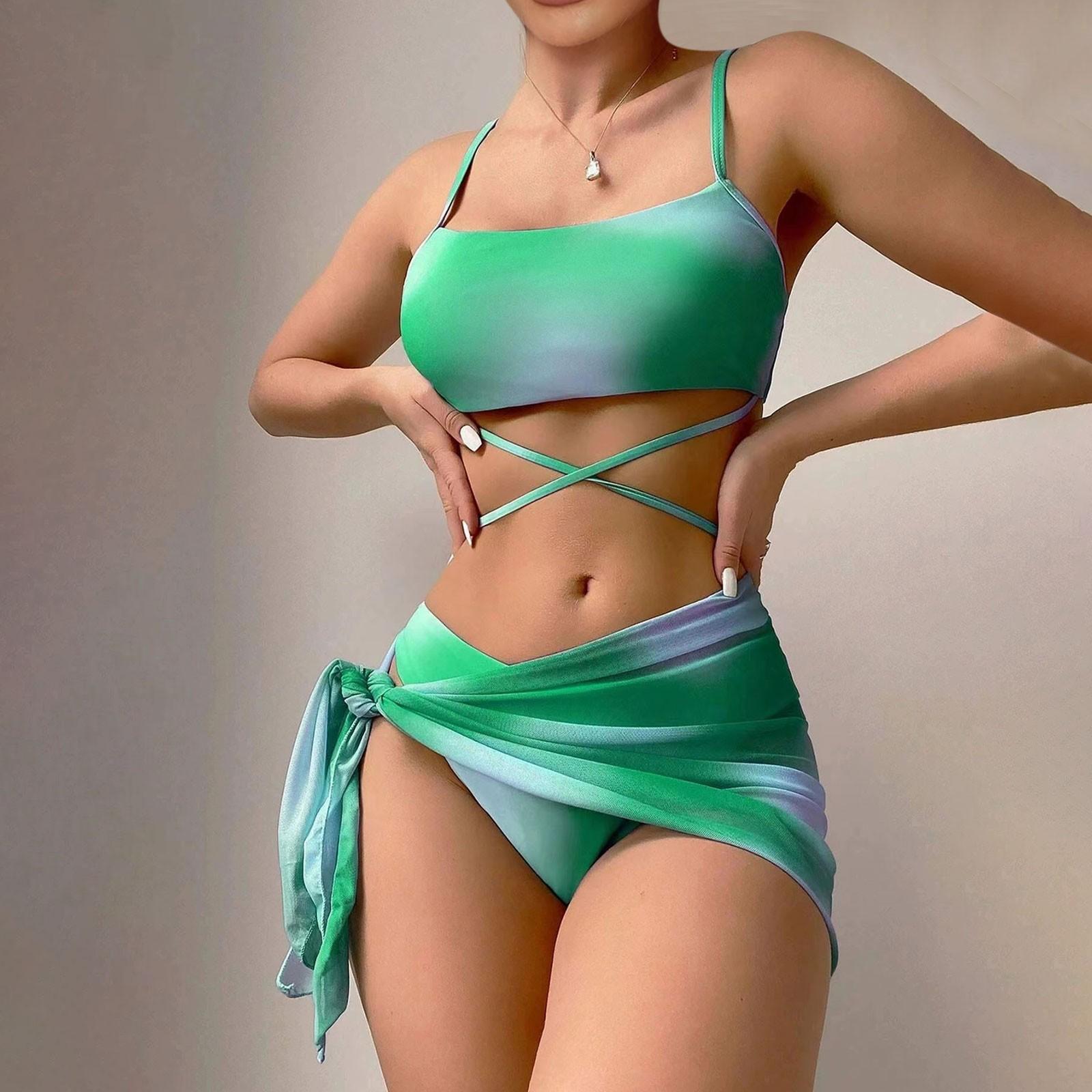 

Женский однотонный купальник, женский купальник с разрезом на тонких бретельках и высокой талией, комплект из четырех предметов M зелёный