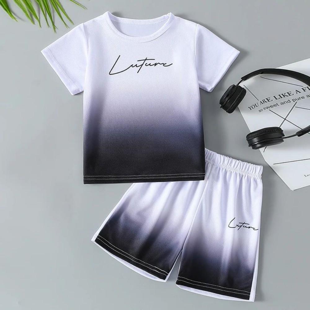 Summer Men s New Comfortable and Breathable Round Neck T-shirt Shorts Letter Gradient Set Outdoor Casual Two-piece Set S