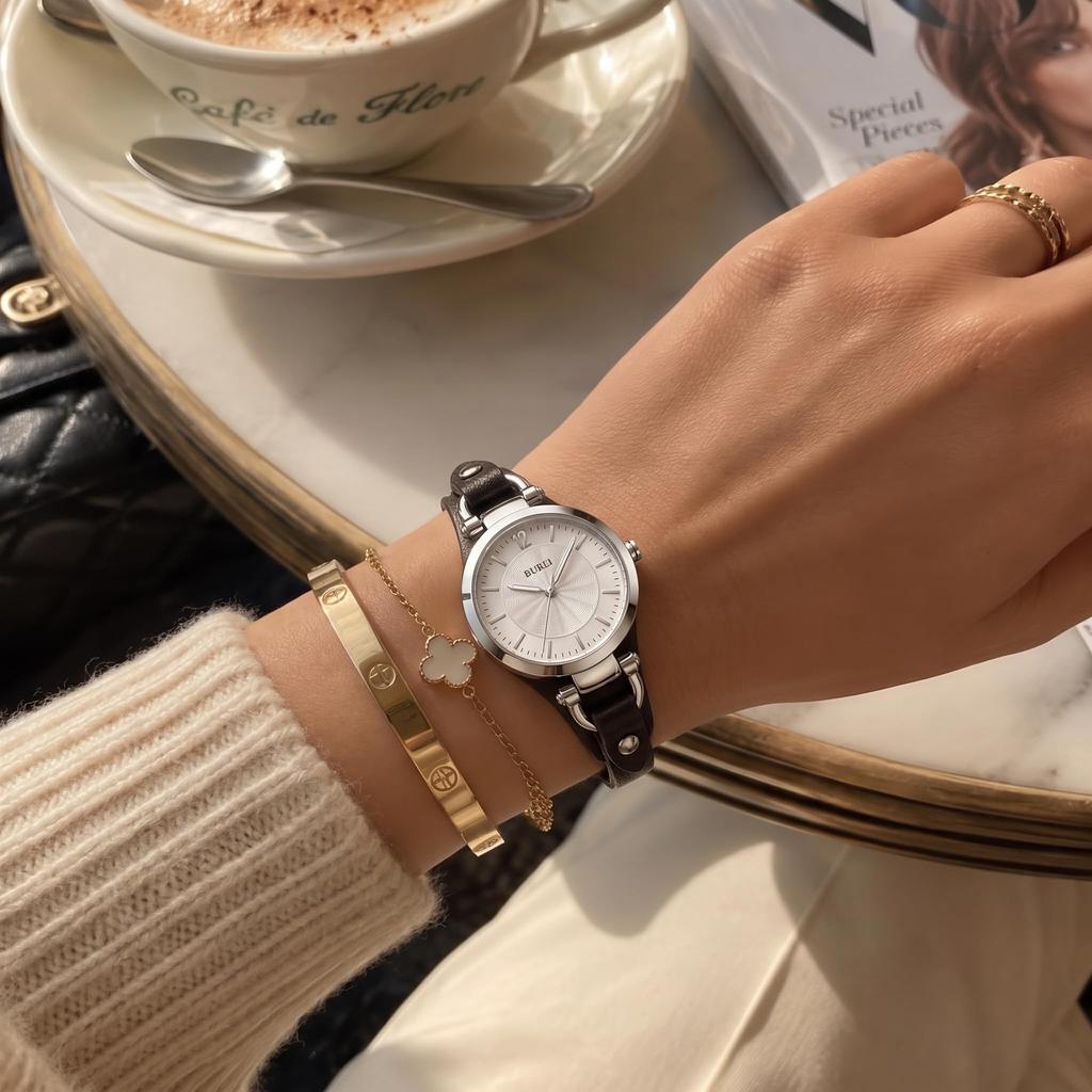 BUREI Japanese Quartz Black Leather Strap Women's Watch, Silver, Movement, Waterproof, Simple, Stylish, Slim,