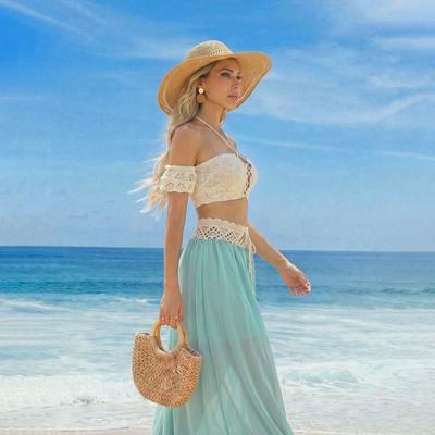 Women Crochet Hollow Out Splicing Two Piece Long Chiffon Beach Dress Set