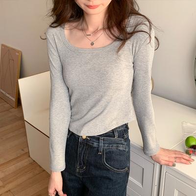 Solid Color Low-cut Square-neck Tight-fitting Bottoming Shirt for Women Spring New Slim-fitting Long-sleeved T-shirt Short Inner Top